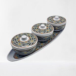 Temp-Tations Melamine Old World Grey Oval Tray & 3 Covered Bowls